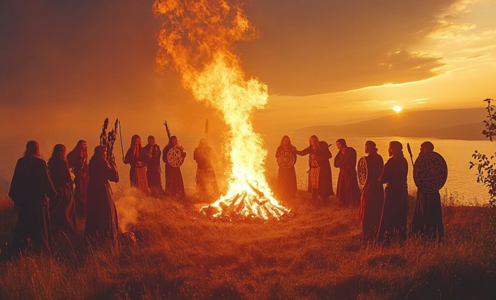 Feu sacré du solstice d'été sur une colline d'Islande