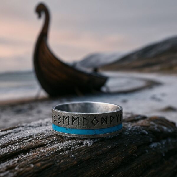 Anneau nordique viking Regard des Hébrides en acier et turquoise