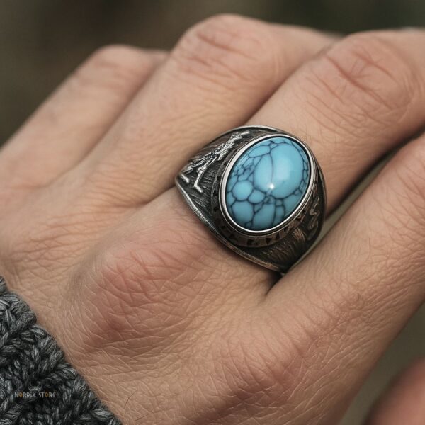 chevalière viking Turquoise du loup Fenrir en acier et turquoise, cadeau homme et ados