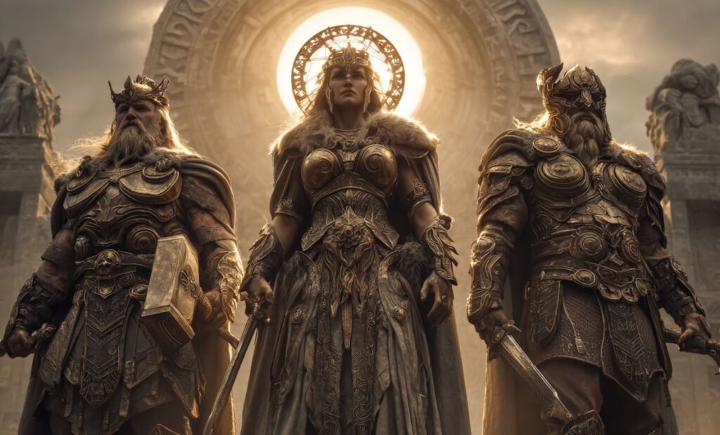 Déesse viking Sol entourée des dieux vikings Thor et Tyr