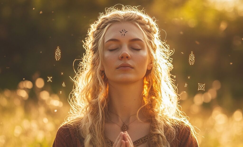 prière d'une prêtresse et völva nordique pendant le solstice d'été