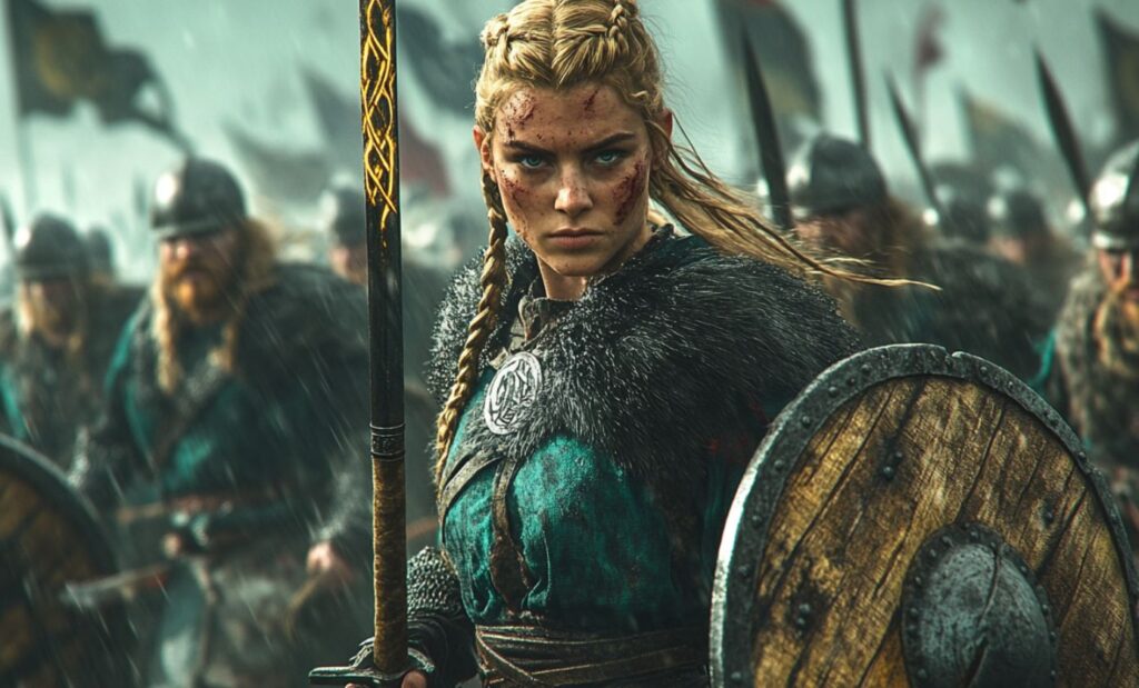 Hervor au combat avec ses guerriers vikings contre les huns