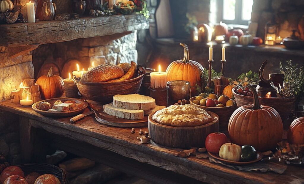 Table d'un festin viking pendant l'automne du Mabon