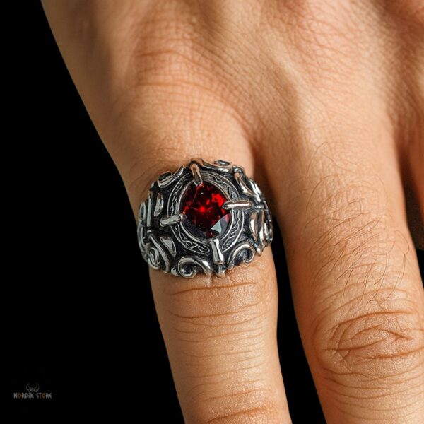 Chevalière viking Rubis du Valhalla en argent, cadeau homme