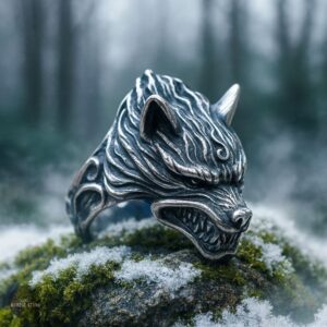 chevalière viking Fenrir Fléau des Dieux en acier argent, cadeau