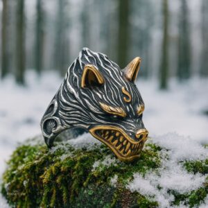 chevalière viking Fenrir Fléau des Dieux en acier or, cadeau
