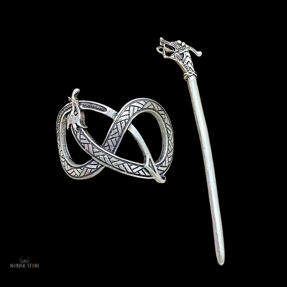 fibule viking Étreinte du Serpent en zinc argent, cadeau femme et ados