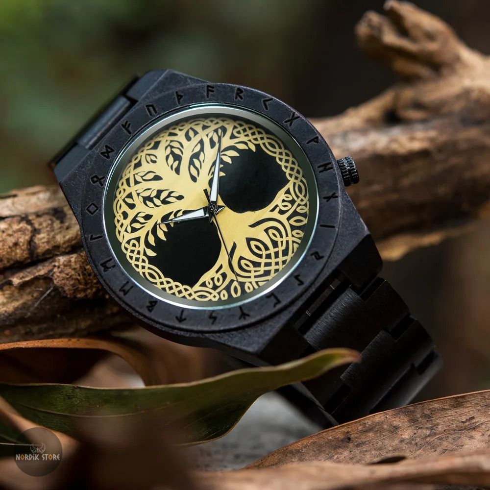 montre arbre de vie yggdrasil âme du nord en bois et acier, cadeau homme