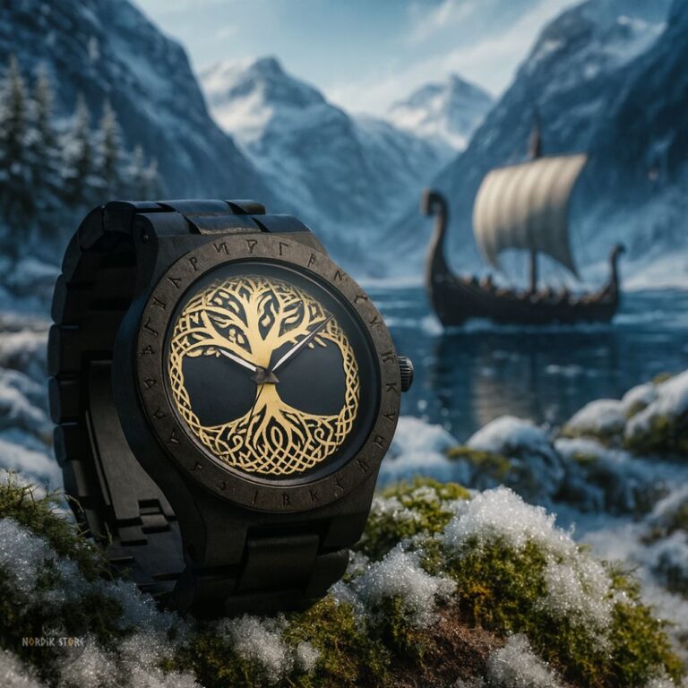 montre viking yggdrasil âme du nord en bois et acier, cadeau homme