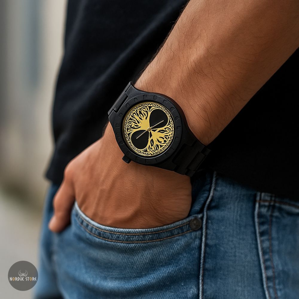 montre viking yggdrasil âme du nord en bois et acier, cadeau homme et ados
