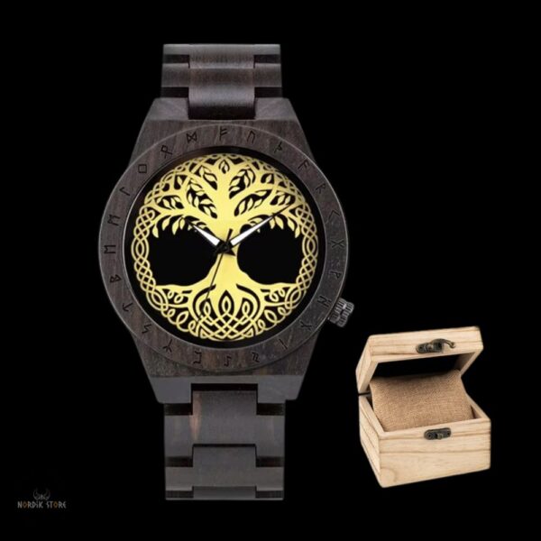 montre viking yggdrasil âme du nord en bois et acier, cadeau homme avec coffret