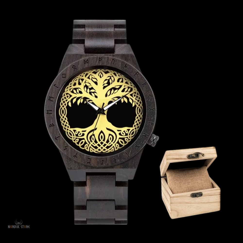montre viking yggdrasil âme du nord en bois et acier, cadeau homme avec coffret