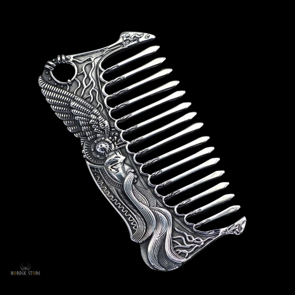 peigne viking Valkyrie d’Argent en acier, cadeau homme et ados