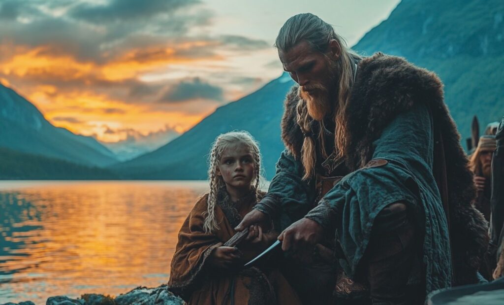 Adolescent viking recevant son premier couteau