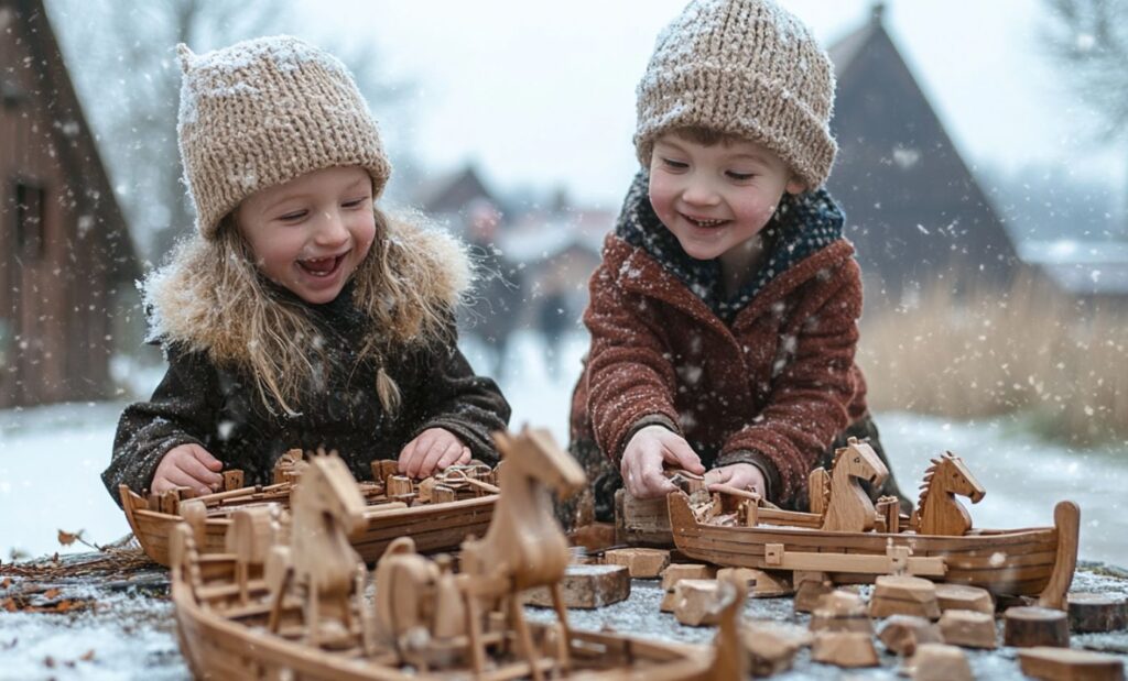 Enfants vikings jouant avec des jouets en bois , bateaux et chevaux sculptés