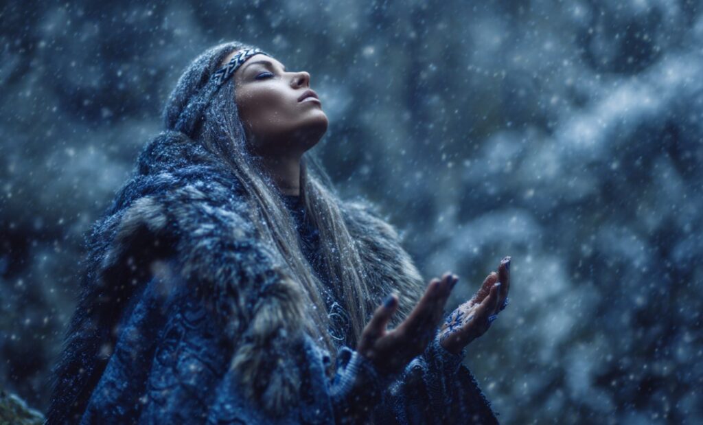 Scène complète du chamanisme viking avec une völva pratiquant le seidr