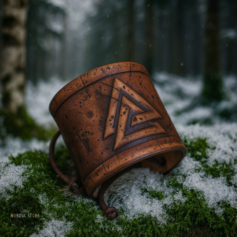 bracelet de force viking en cuir gravé Valknut, cadeau