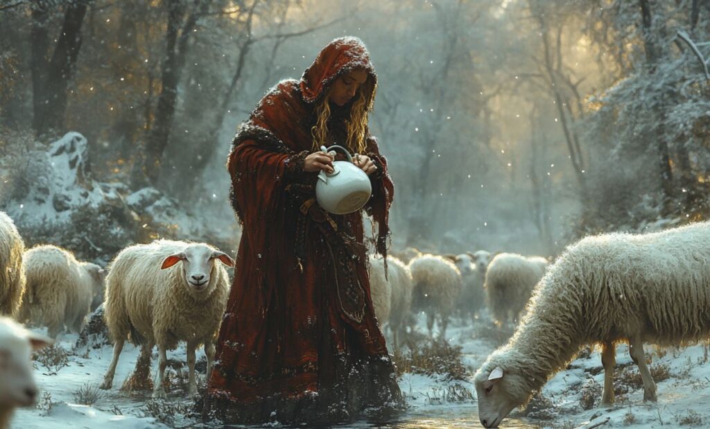 femme viking versant du lait sur le sol pour offrande