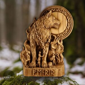 statue viking loup Fenrir en frêne, cadeau de décoration