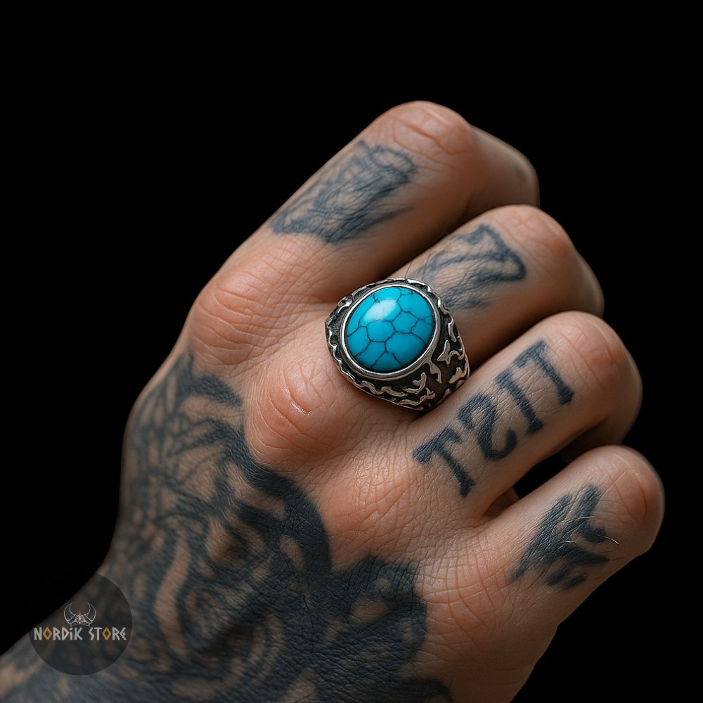 bague viking Ivar le Désossé en acier et turquoise, cadeau
