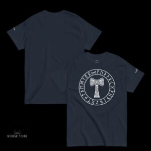 Recto verso du T-shirt viking le Mjolnir de Thor bleu marine, cadeau